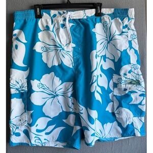 Ocean Blue Basix Of America Short Trunks Men XL Blue Floral Drawstring swim Surf